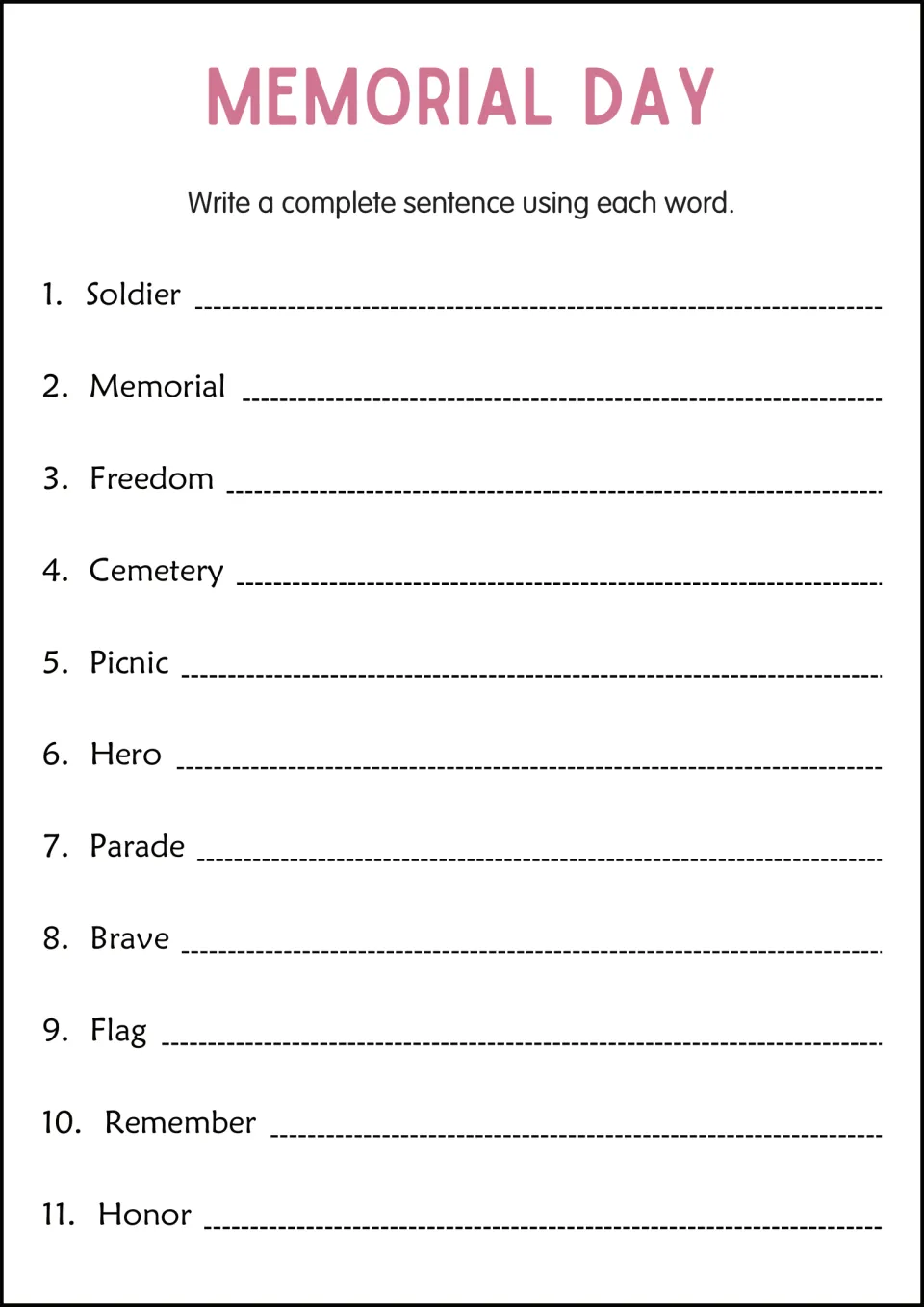 Memorial Day sentence-writing practice using 11 words, including soldier, memorial, freedom, and cemetery