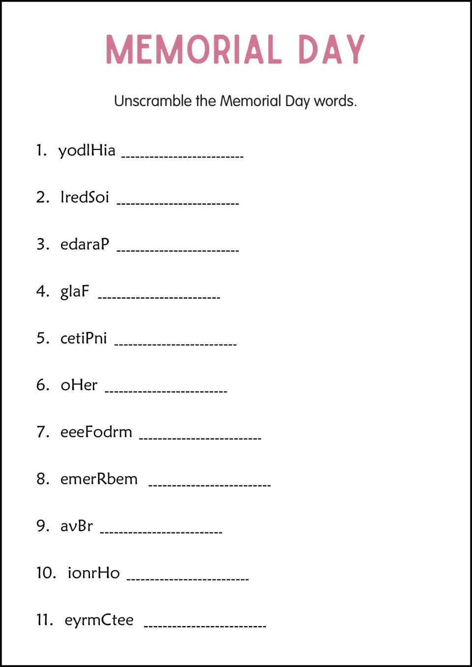Memorial Day word-unscramble activity with 11 entries, including scrambled forms of holiday, flag, and hero