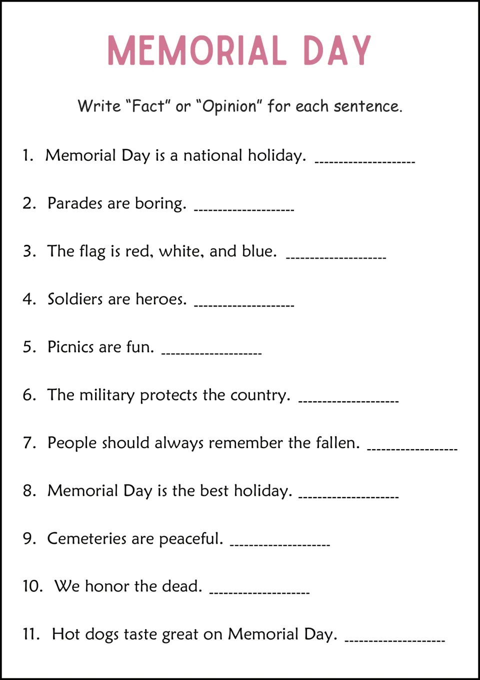 Memorial Day fact-or-opinion practice: 11 statements about the holiday, parades, the flag, and remembrance