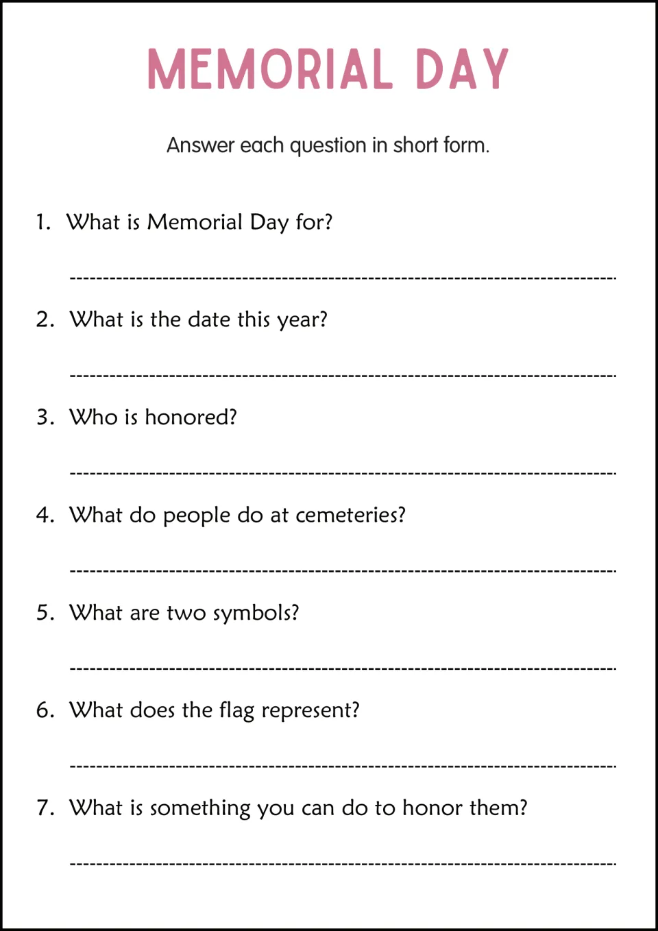 Memorial Day short-answer practice: seven questions about its purpose, this year's date, symbols, and honor