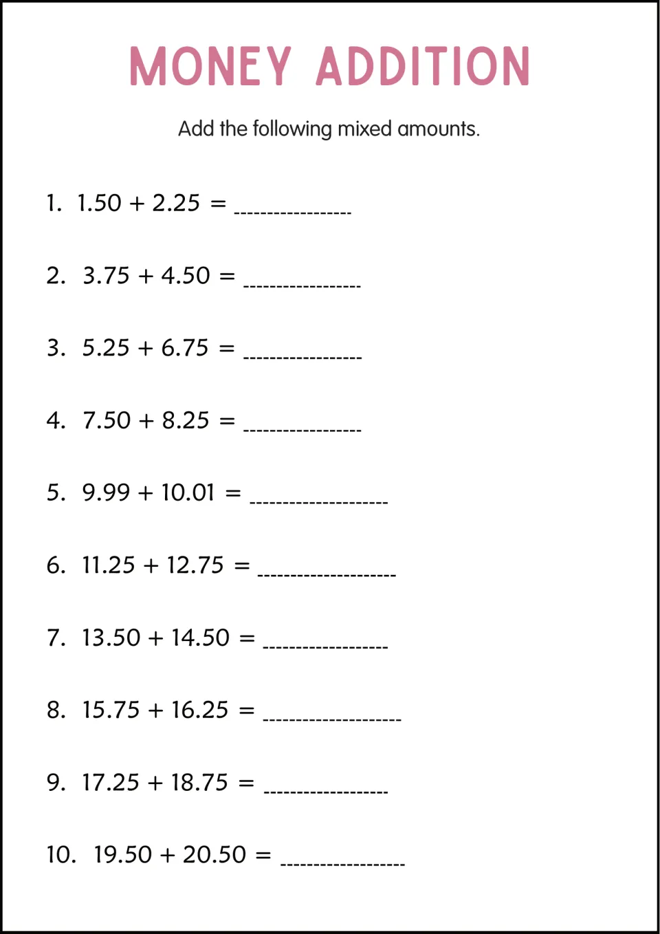 Mixed money amount addition practice: 10 problems including 1.50 + 2.25, 11.25 + 12.75, and 19.50 + 20.50
