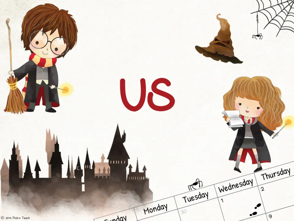 US section cover for the wizard-themed monthly planner, labeled “US” above a partial dated calendar.