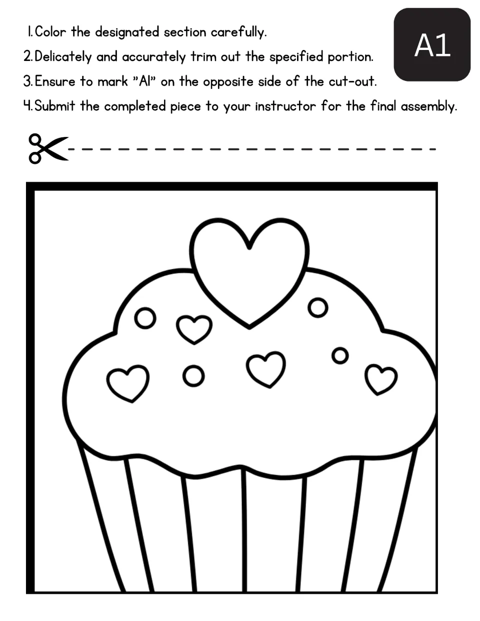 Mother's Day collaborative poster section A1 to color and cut, showing a cupcake topped with a large heart