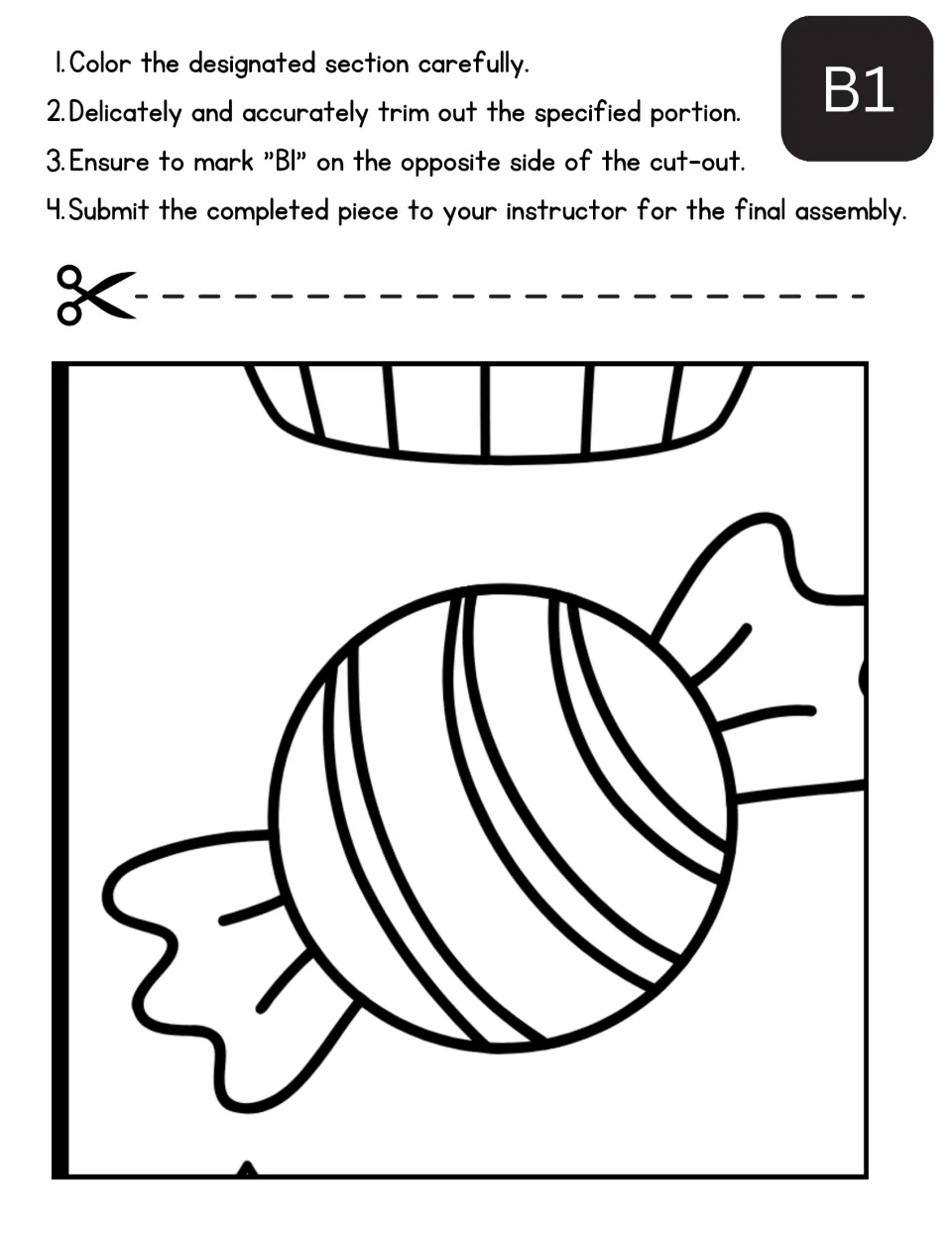 Mother's Day collaborative poster section B1 to color and cut, showing wrapped candy and a cupcake fragment