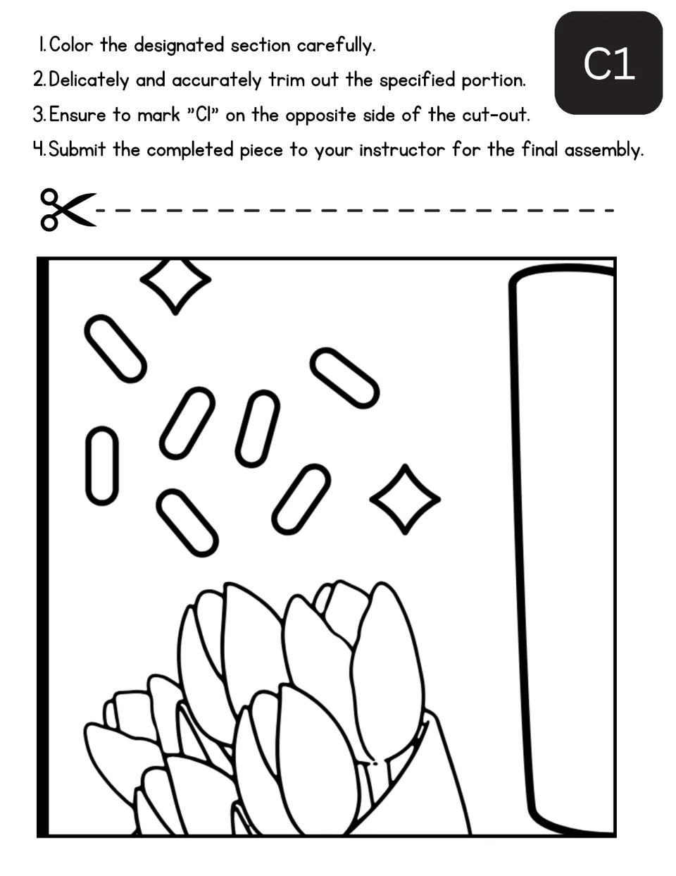 Mother's Day collaborative poster section C1 to color and cut, showing part of a flower bouquet and lettering