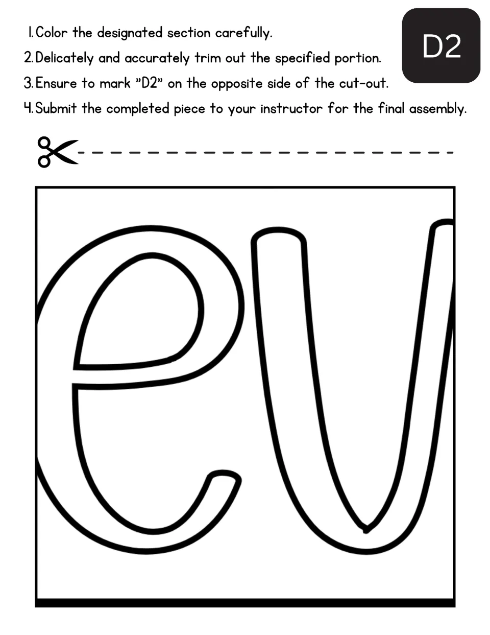 Mother's Day collaborative poster section D2 to color and cut, showing a lowercase e and a partial curved letter