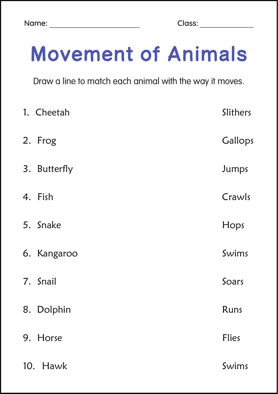 Movement of Animals matching: students draw lines linking 10 animals, such as cheetah and snail, to words like hops or soars