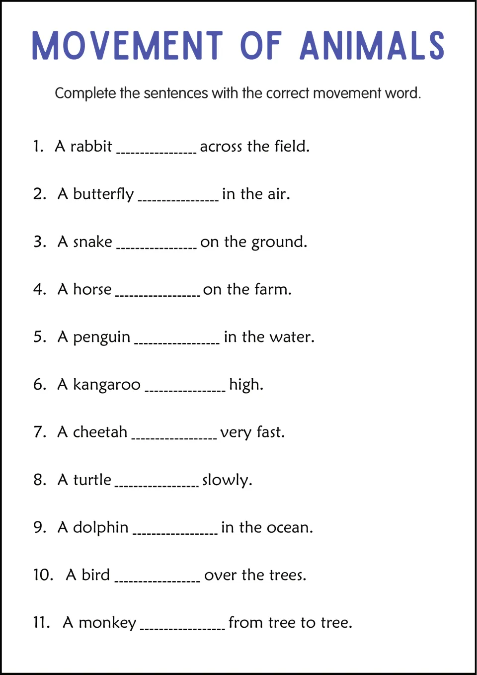 Movement of Animals sentence completion: students fill in the movement word for 11 animals, from a rabbit to a monkey