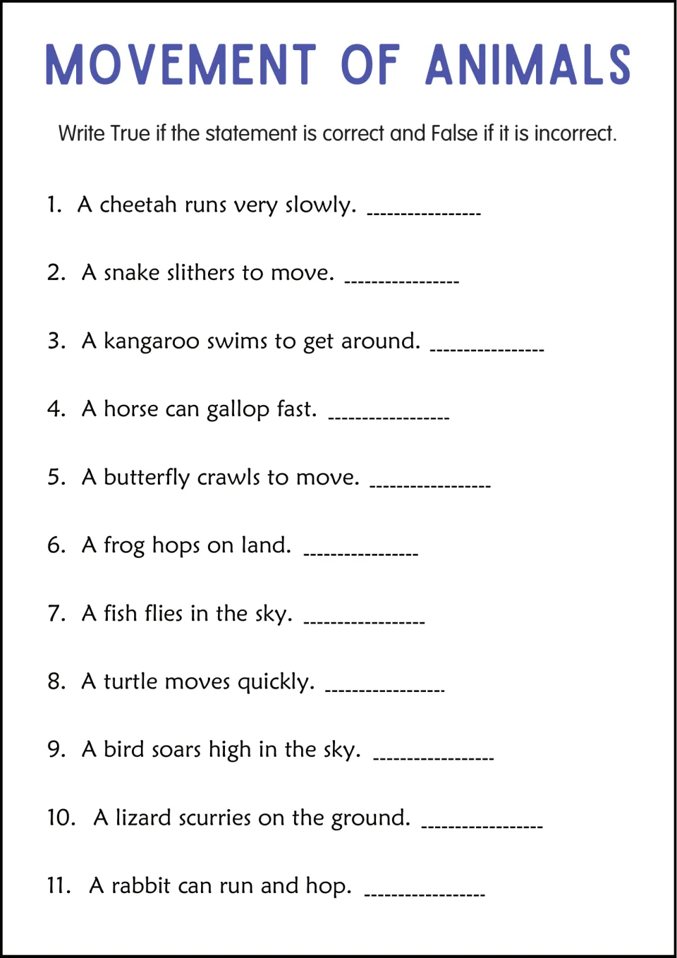 Animal movement true or false: students judge 11 statements such as a cheetah runs very slowly and a frog hops on land
