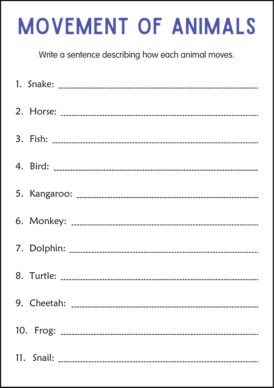 Animal movement writing: students write one sentence on how each of 11 animals moves, including snake, monkey and snail