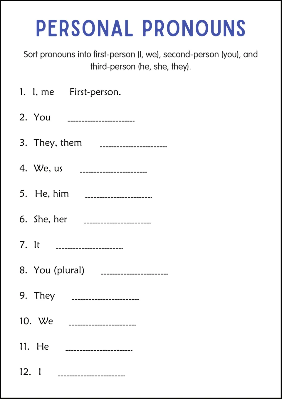 Pronoun sort by person: students label 12 pronouns such as you, they/them and he/him as first, second or third person