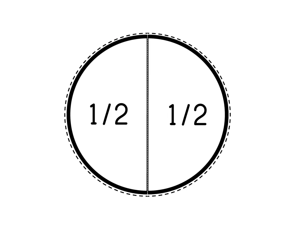 Fraction circle divided into two pieces labeled 1/2, ready to cut apart and place on the set's whole circle