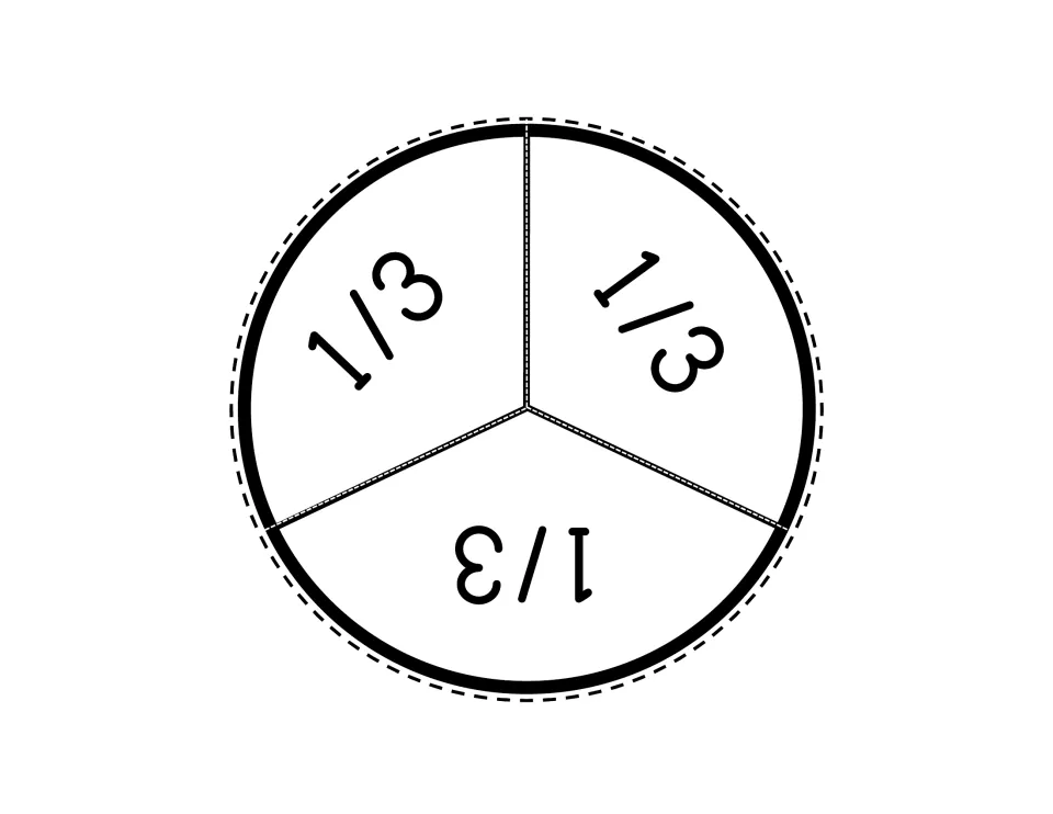 Fraction circle divided into three pieces labeled 1/3, ready to cut apart for the hands-on fraction set