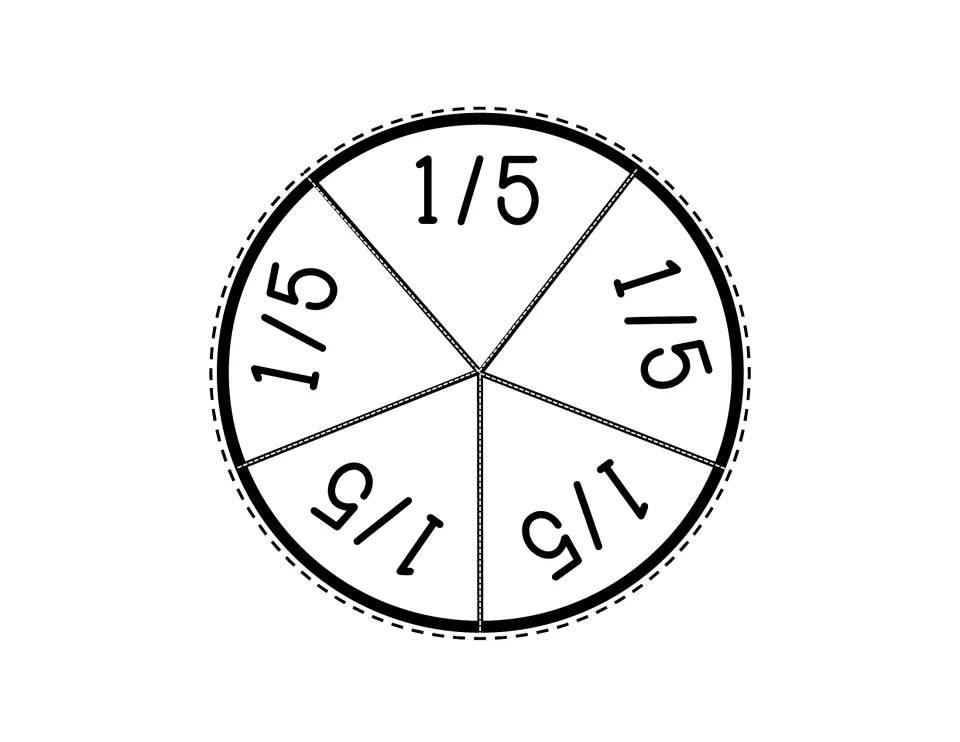 Fraction circle divided into five pieces labeled 1/5, ready to cut apart for the hands-on fraction set