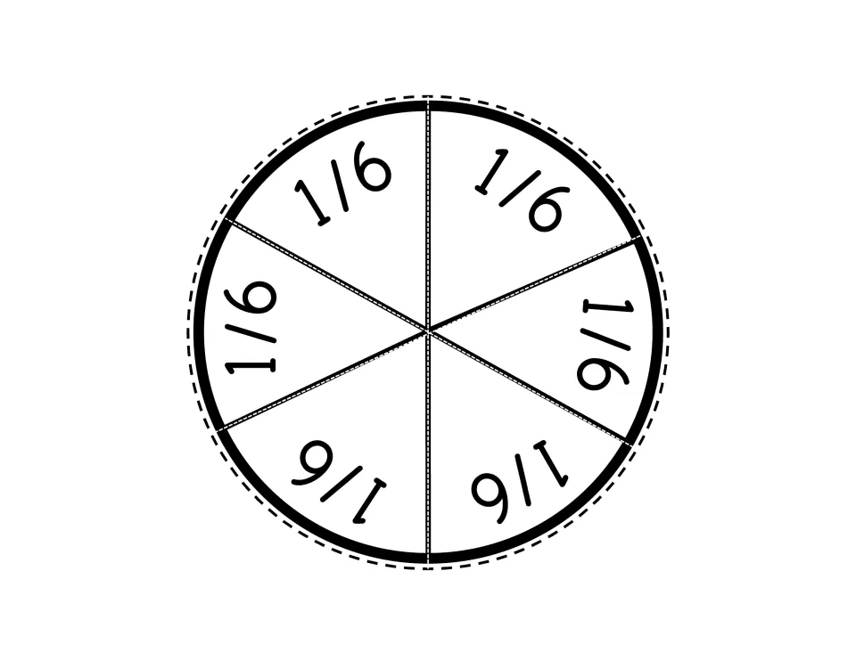 Fraction circle divided into six pieces labeled 1/6, ready to cut apart for the hands-on fraction set