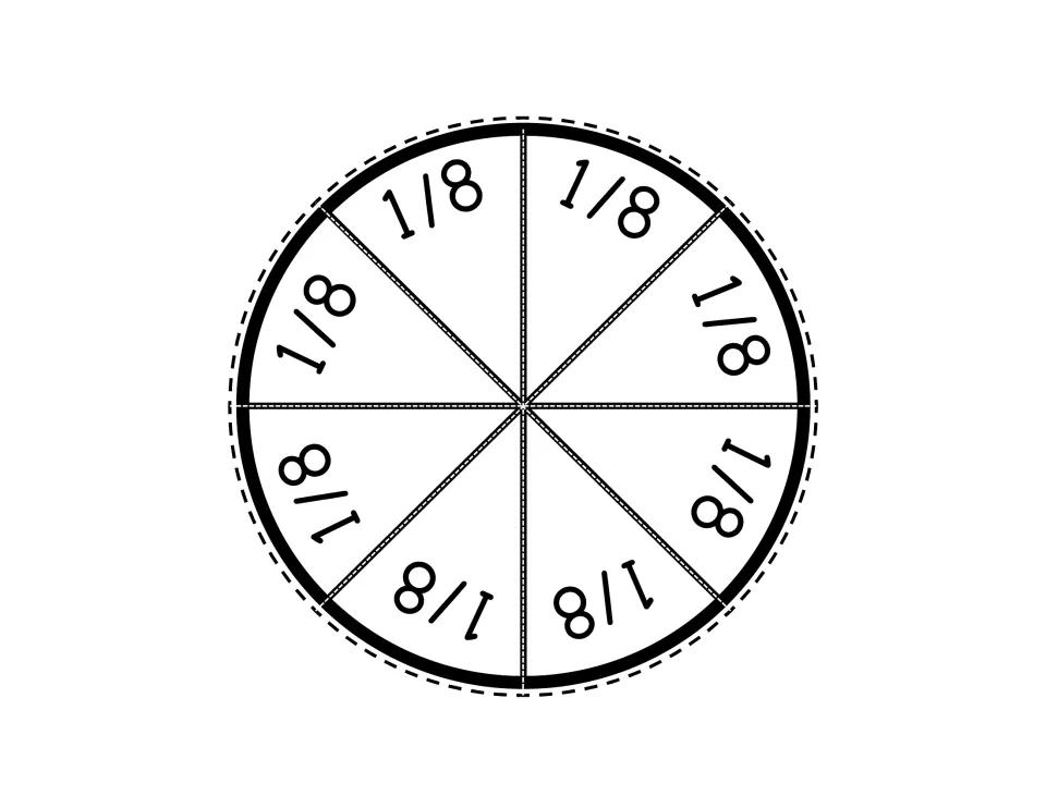 Fraction circle divided into eight pieces labeled 1/8, ready to cut apart for the hands-on fraction set