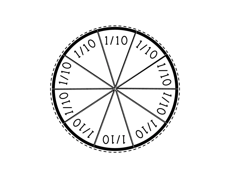 Fraction circle divided into ten pieces labeled 1/10, ready to cut apart for the hands-on fraction set