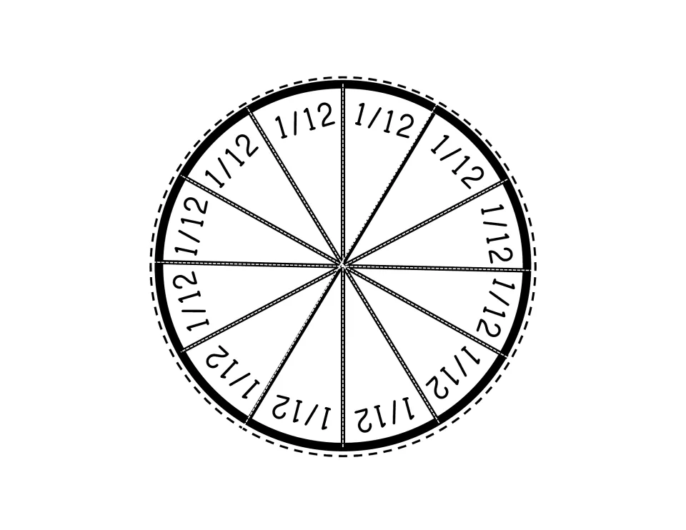 Fraction circle divided into twelve pieces labeled 1/12, ready to cut apart for the hands-on fraction set