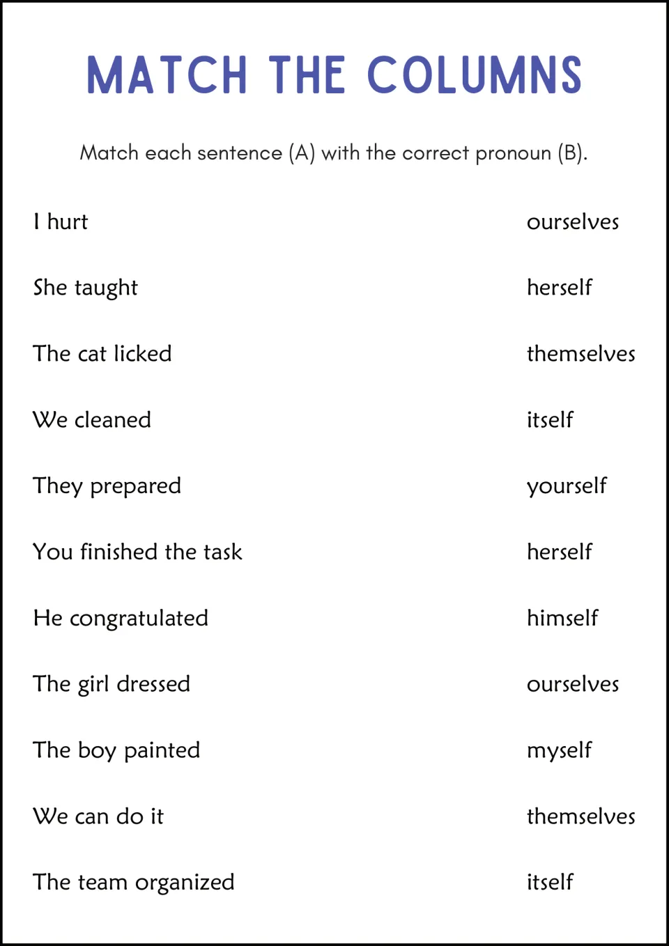 Pronoun matching worksheet: pair 11 sentence starters, including 'I hurt' and 'She taught,' with pronouns.