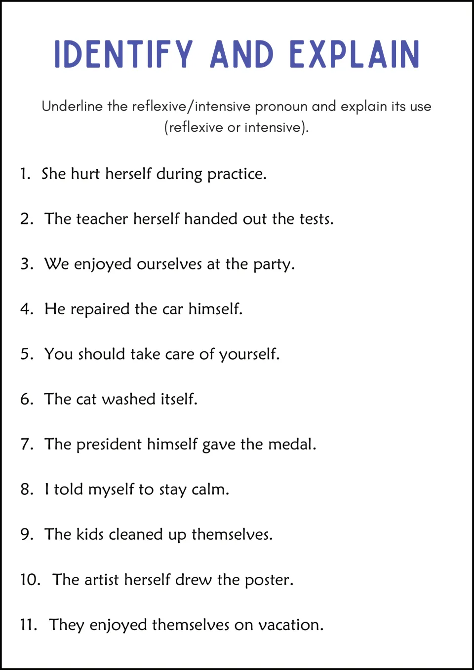 Identify and Explain worksheet: underline and explain pronouns in 11 sentences, including 'The cat washed itself.'