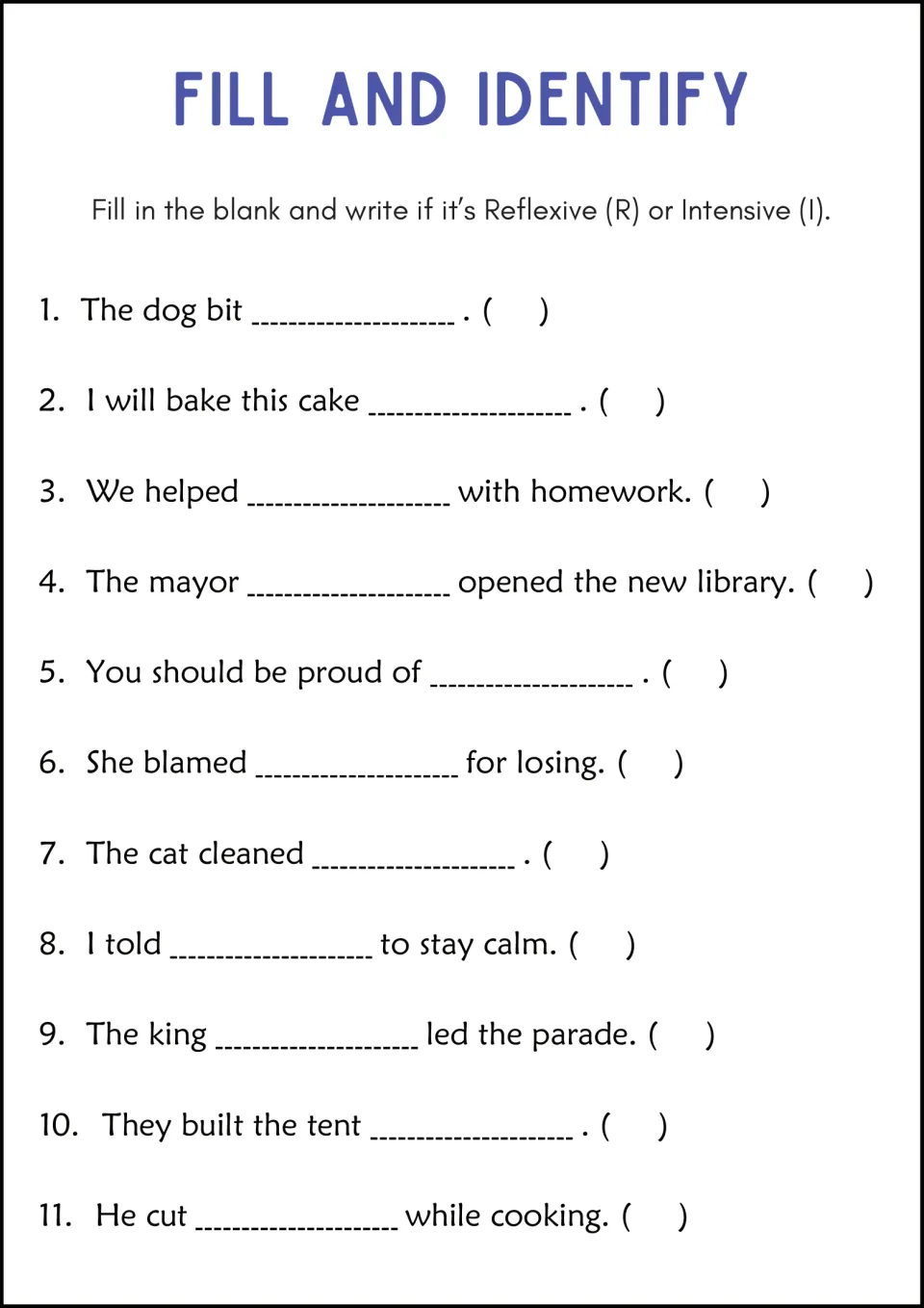 Fill and Identify worksheet: complete 11 sentences and label pronoun types, including 'The dog bit ___.'