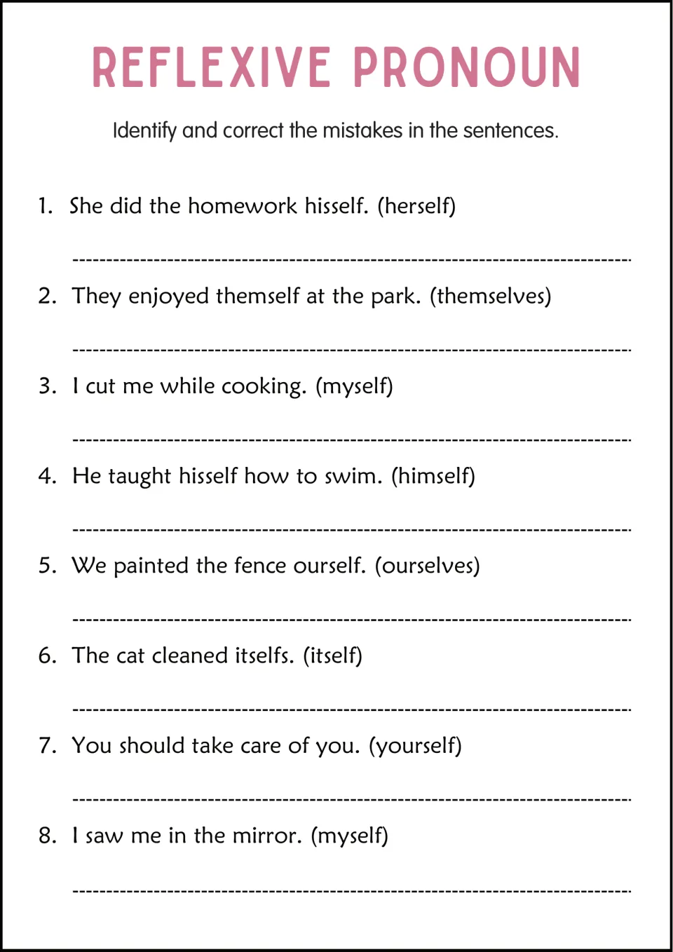Reflexive pronoun correction practice: eight sentences with errors such as hisself and themself, plus answers