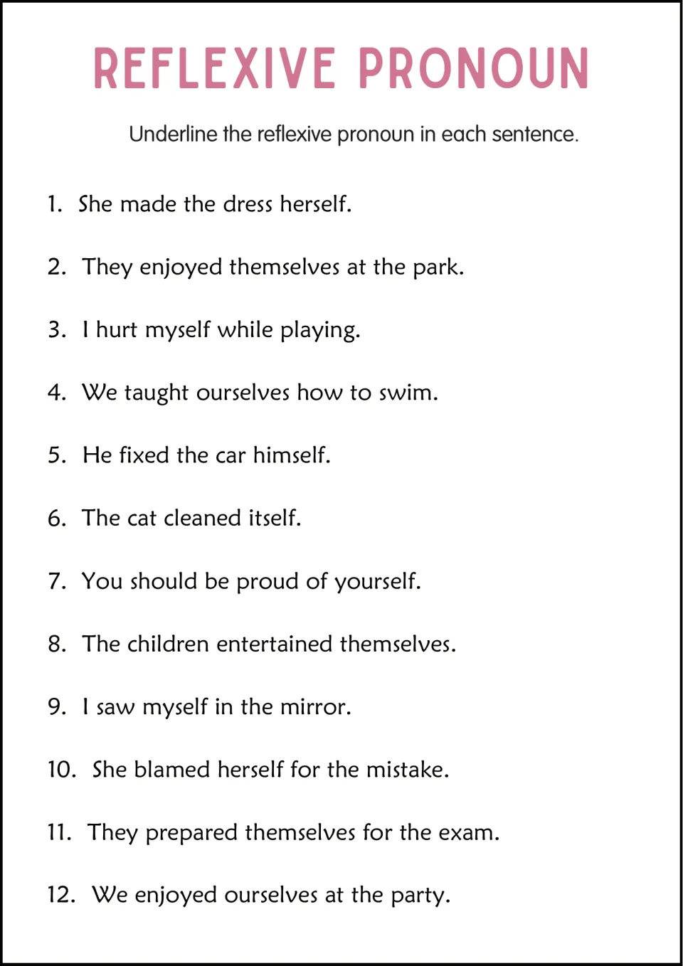 Reflexive pronoun identification: underline pronouns in 12 sentences, including 'The cat cleaned itself.'