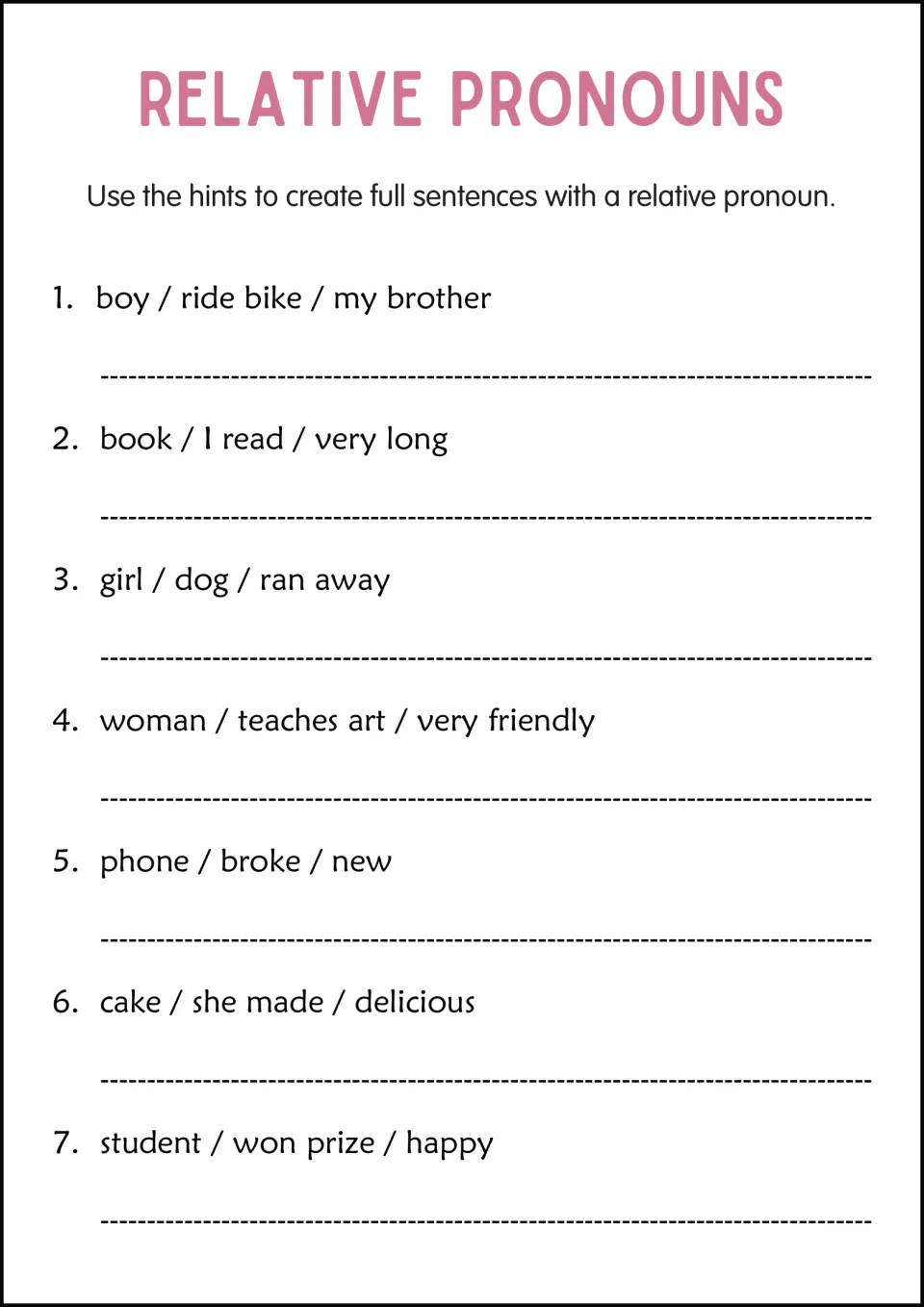 Sentence building from hints: students turn 7 clues like boy / ride bike / my brother into sentences with a pronoun