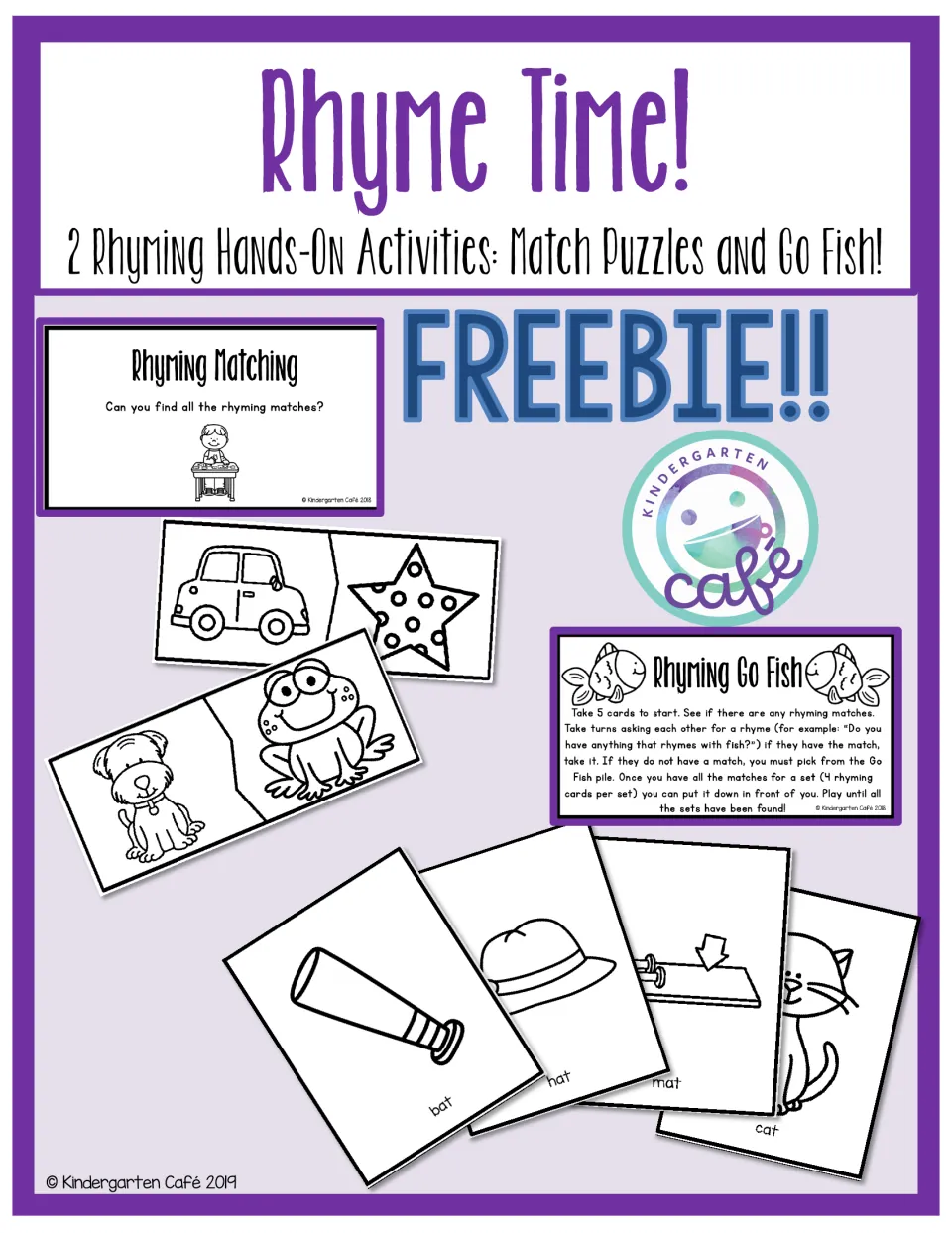 Rhyme Time! cover: 2 rhyming hands-on activities, match puzzles and Go Fish, shown with puzzle and picture cards