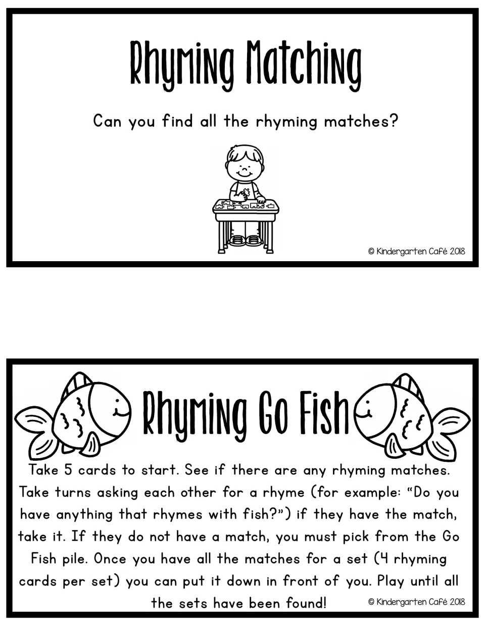 Rhyming Matching and Rhyming Go Fish direction cards: find all rhyming matches; Go Fish rules for collecting 4-card sets