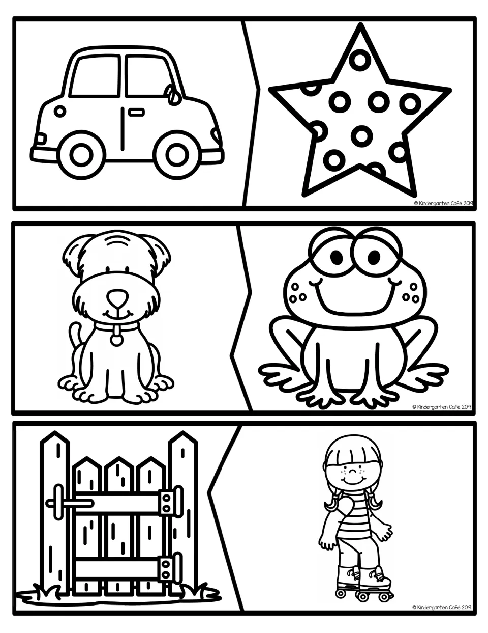 Rhyming puzzles: students join two-piece picture puzzles that rhyme, car and star, dog and frog, gate and skate