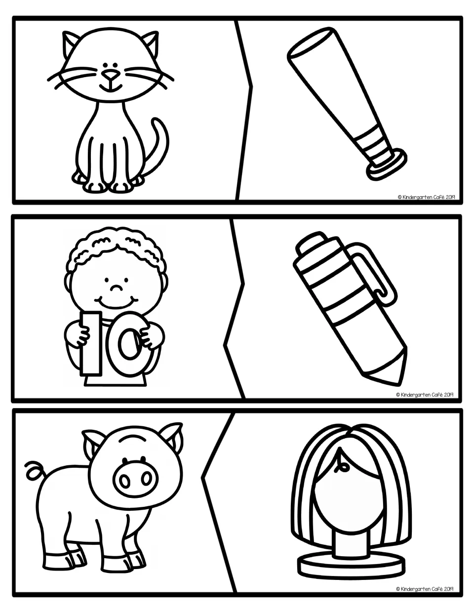 Rhyme match puzzles: students fit together picture halves that rhyme, cat and bat, ten and pen, pig and wig