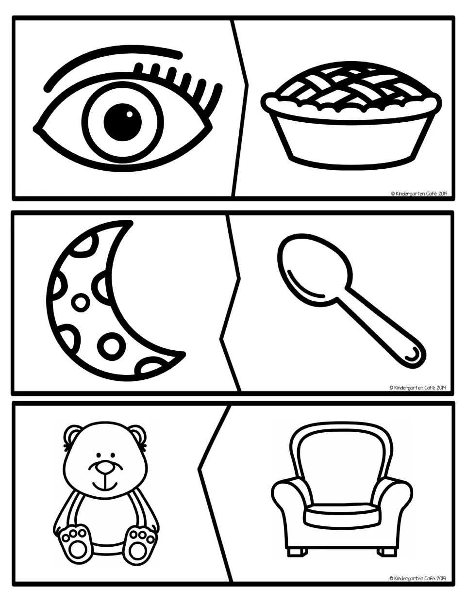 Rhyming picture puzzles: students pair halves for eye and pie, moon and spoon, bear and chair to match rhyming words