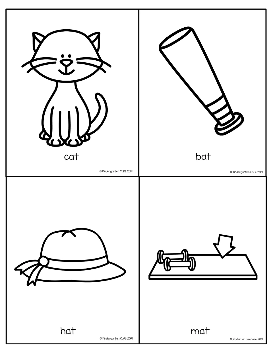 Rhyming Go Fish cards for the -at family: labeled pictures of cat, bat, hat and mat make one 4-card rhyming set