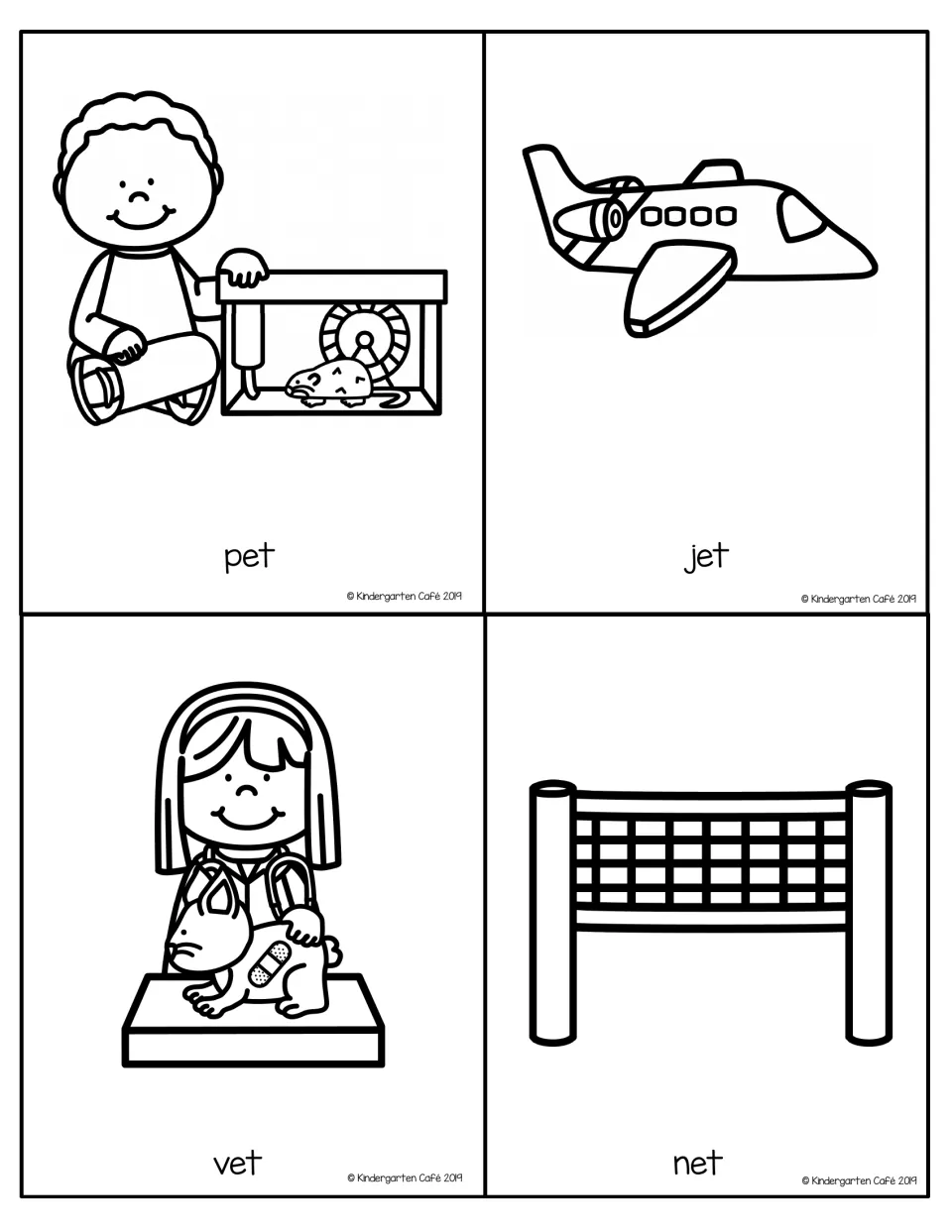 Go Fish rhyme cards for the -et family: pet, jet, vet and net, each word labeled under its picture, form one set