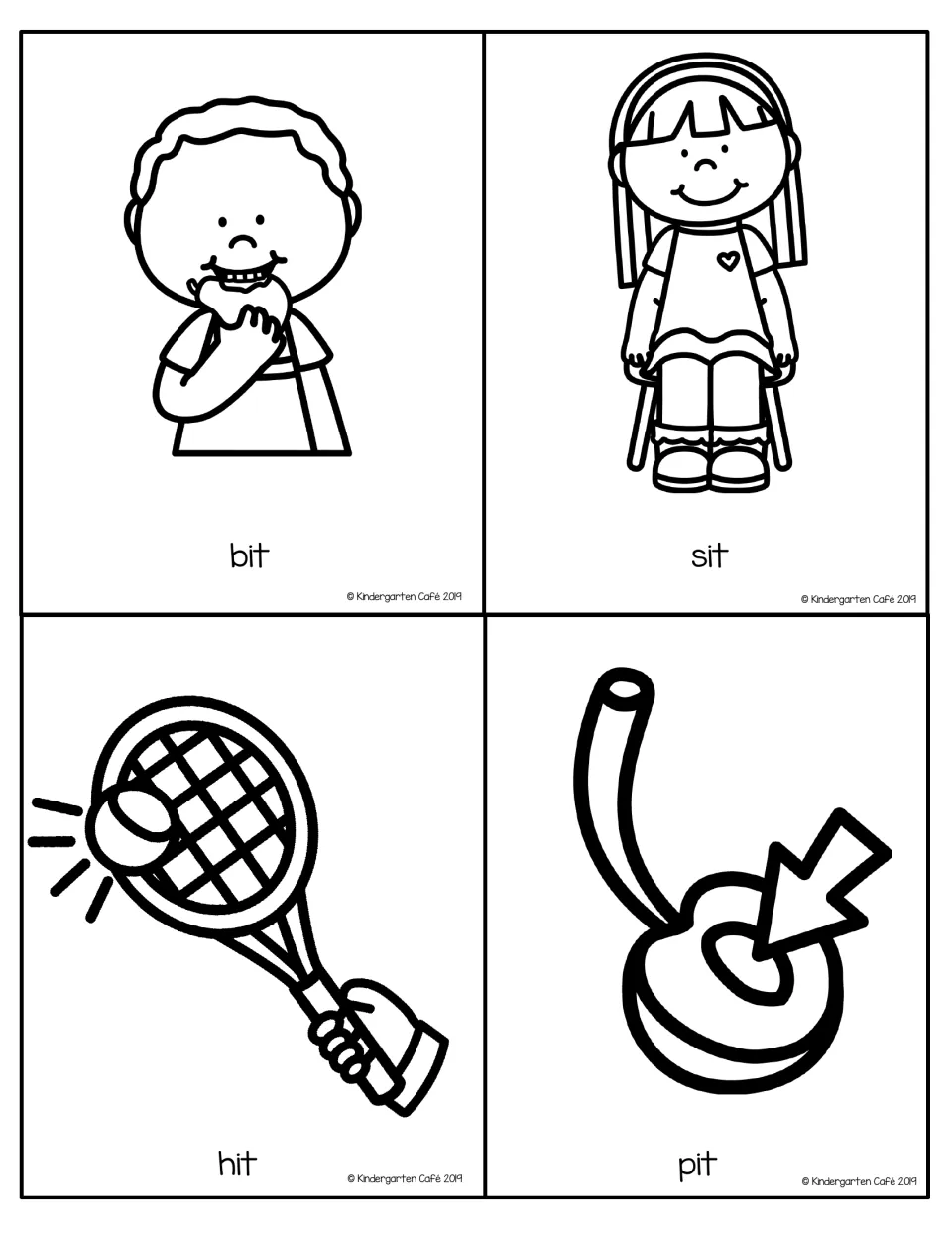 Rhyming card set for the -it family: students collect bit, sit, hit and pit, shown as labeled pictures, in Go Fish