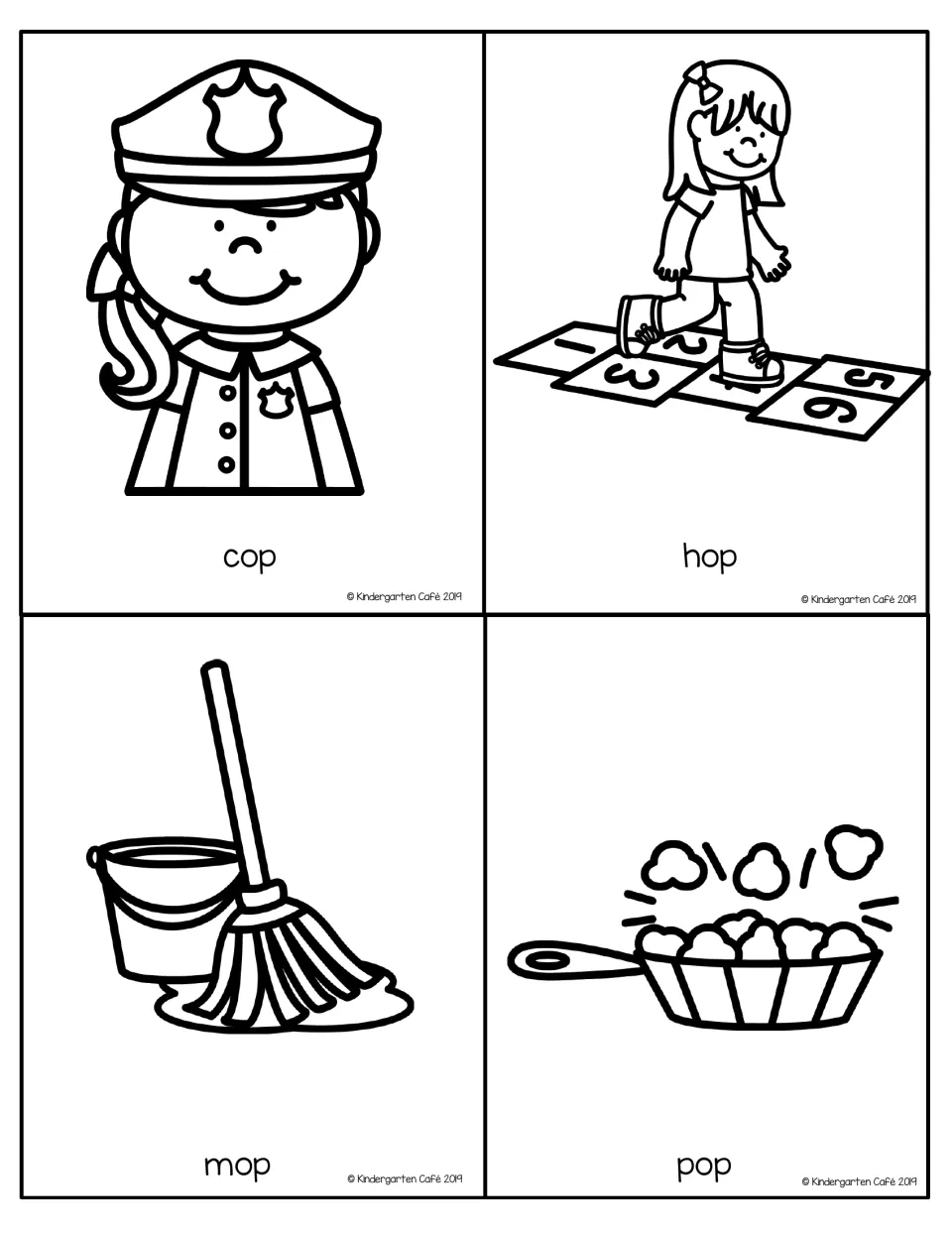 Go Fish cards for the -op word family: labeled pictures of cop, hop, mop and pop that students gather as a rhyming set