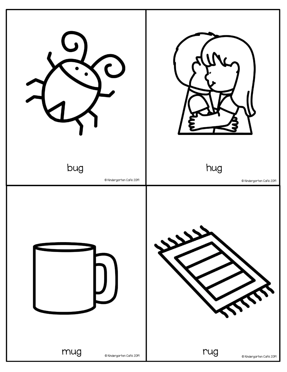 Rhyming Go Fish set for the -ug family: bug, hug, mug and rug picture cards with words for collecting four rhymes