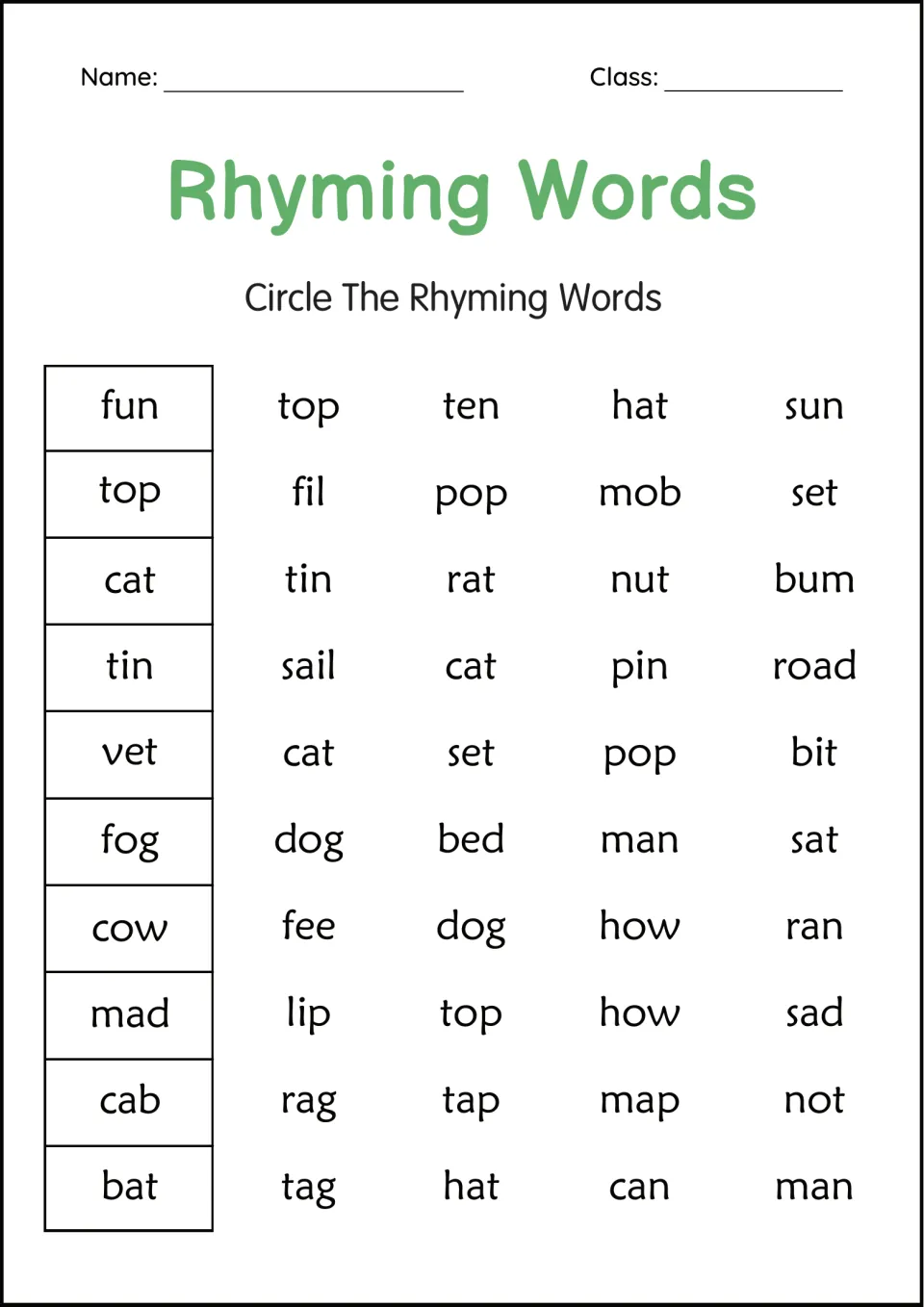 Rhyming words: students circle the words that rhyme with each boxed word, such as fun, top, cat, fog, cow and bat
