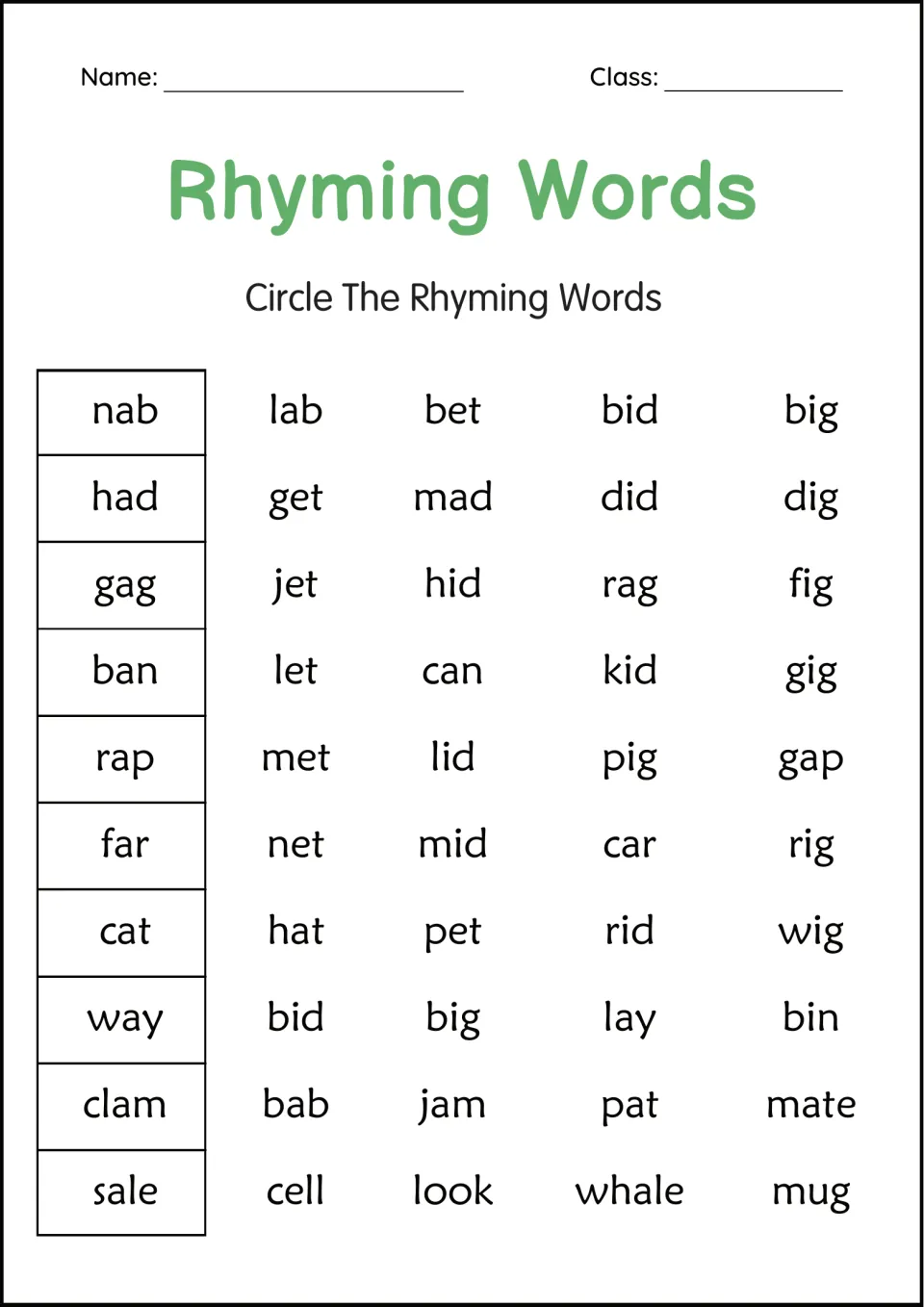 Rhyming words set 2: students circle rhymes for nab, had, gag, ban, rap, far, cat, way, clam and sale among four choices