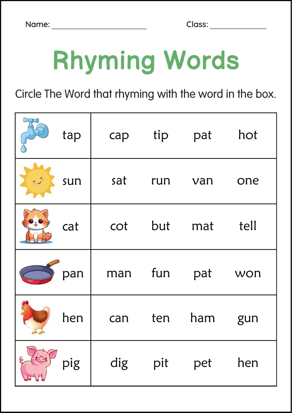 Picture rhymes: students circle the word that rhymes with tap, sun, cat, pan, hen or pig, each shown with a small picture