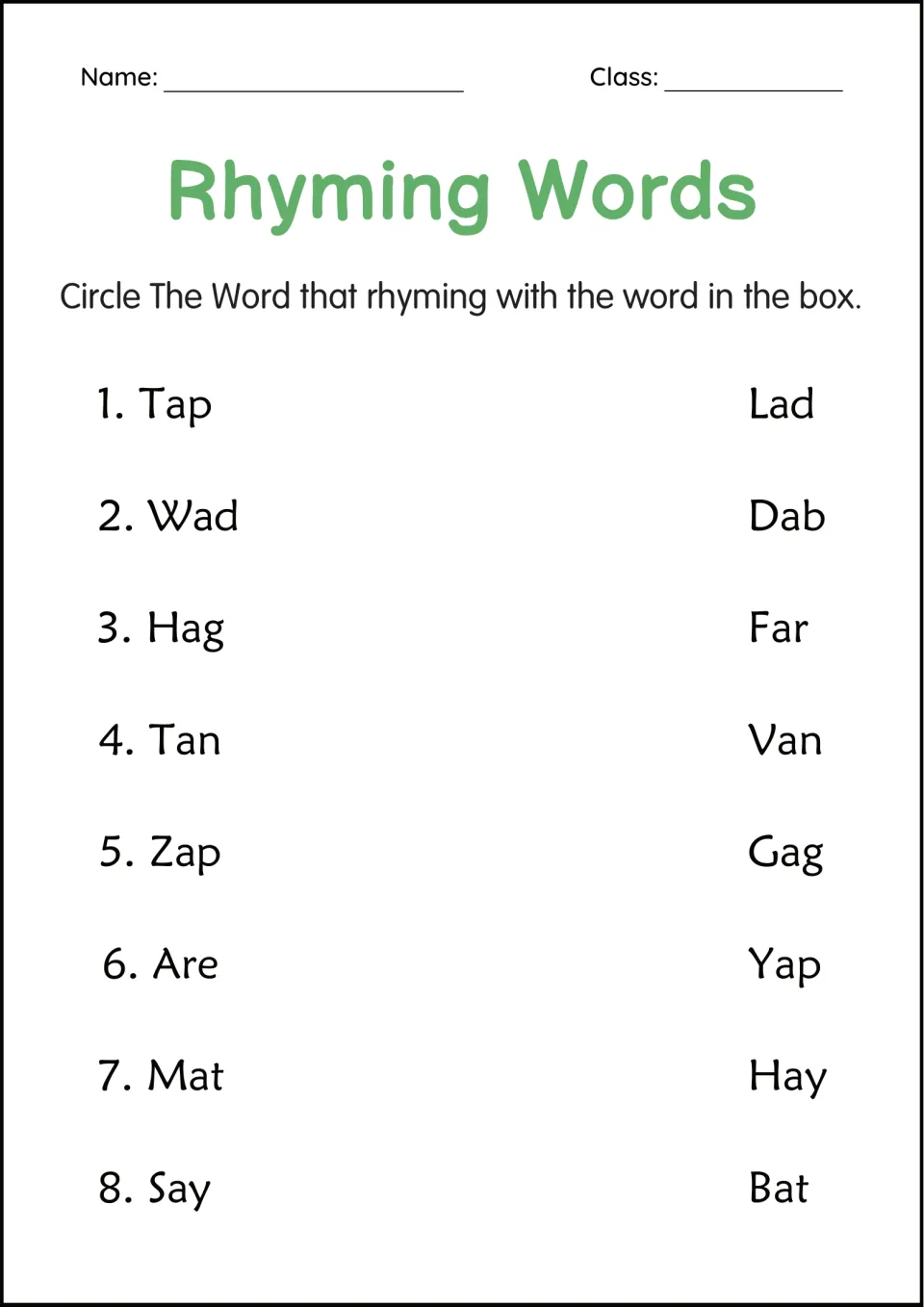 Rhyme pairs set 2: students find the right-column rhyme for Tap, Wad, Hag, Tan, Zap, Are, Mat and Say