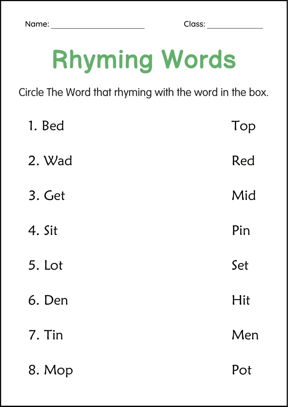 Rhyme pairs set 3: students find the rhyme for Bed, Wad, Get, Sit, Lot, Den, Tin and Mop in the right-hand list