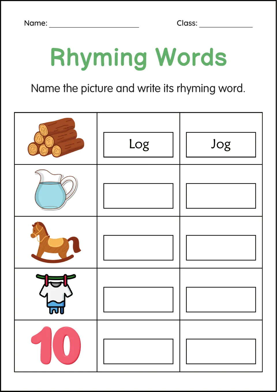 Picture rhyming: students name a jug, rocking horse, clothesline and 10, then write a rhyme, as in Log and Jog