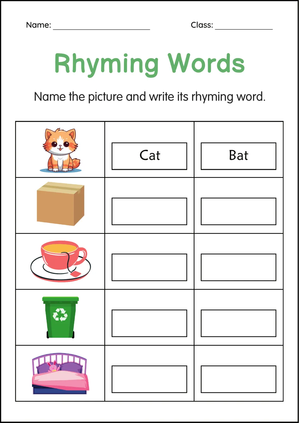 Name and rhyme: students write the name of a box, cup, bin and bed, then a rhyming word, following Cat and Bat
