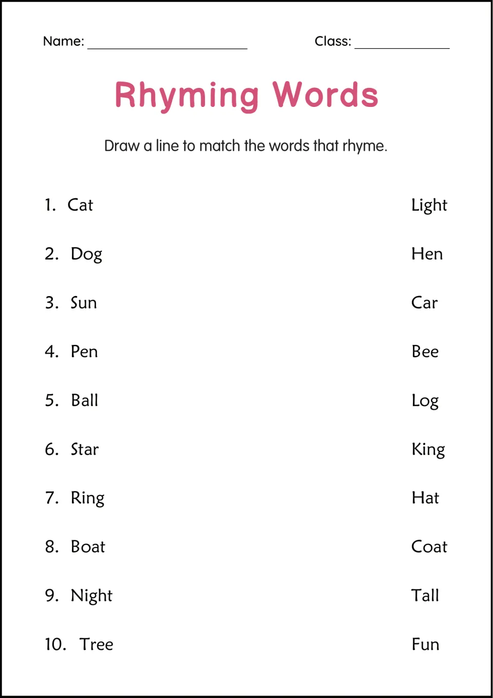Rhyming words matching: students draw lines to pair 10 words such as cat, dog, sun and pen with hat, log, fun and hen
