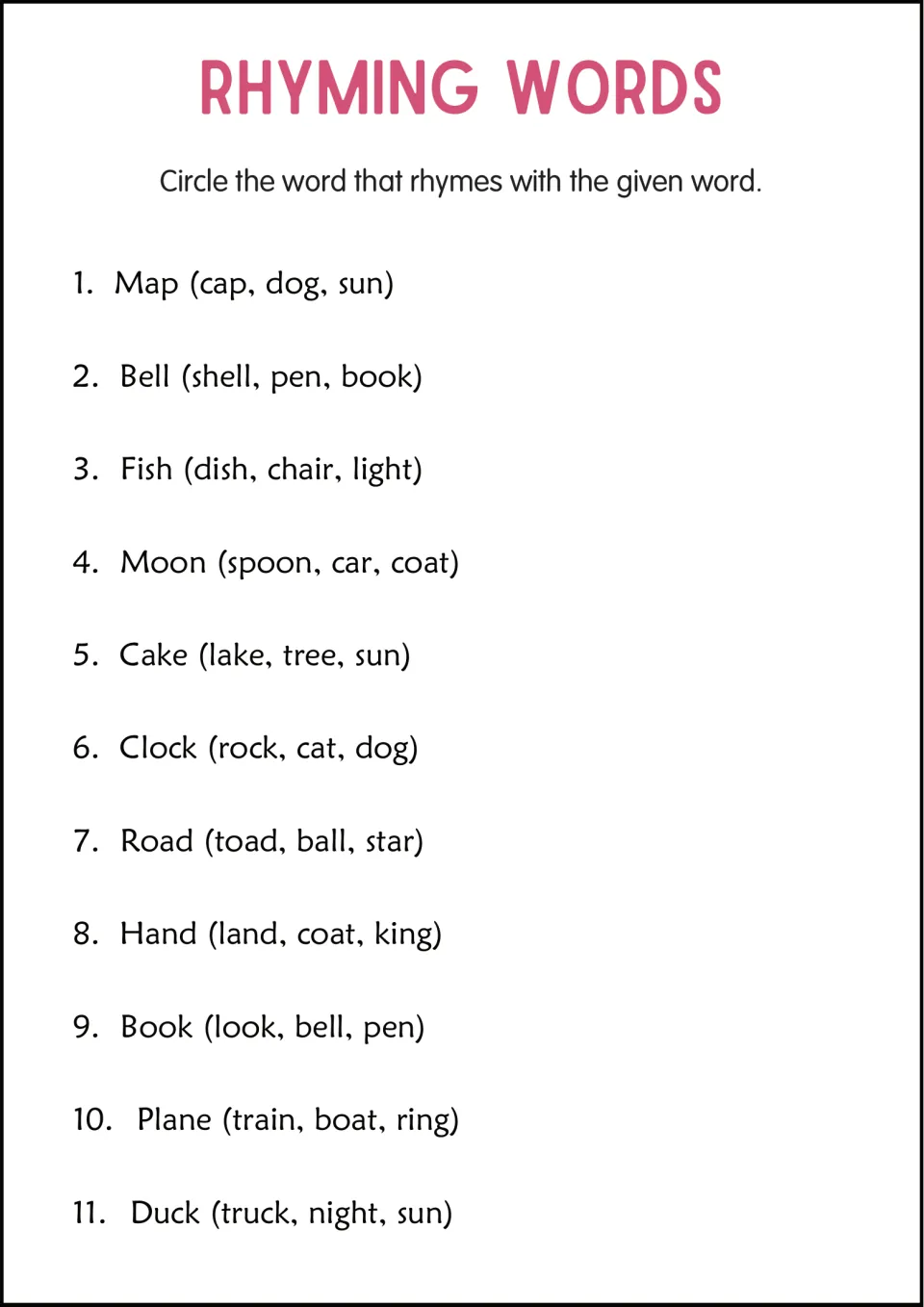 Rhyming words choice: students circle the rhyme for 11 words from three options, such as map (cap, dog, sun)