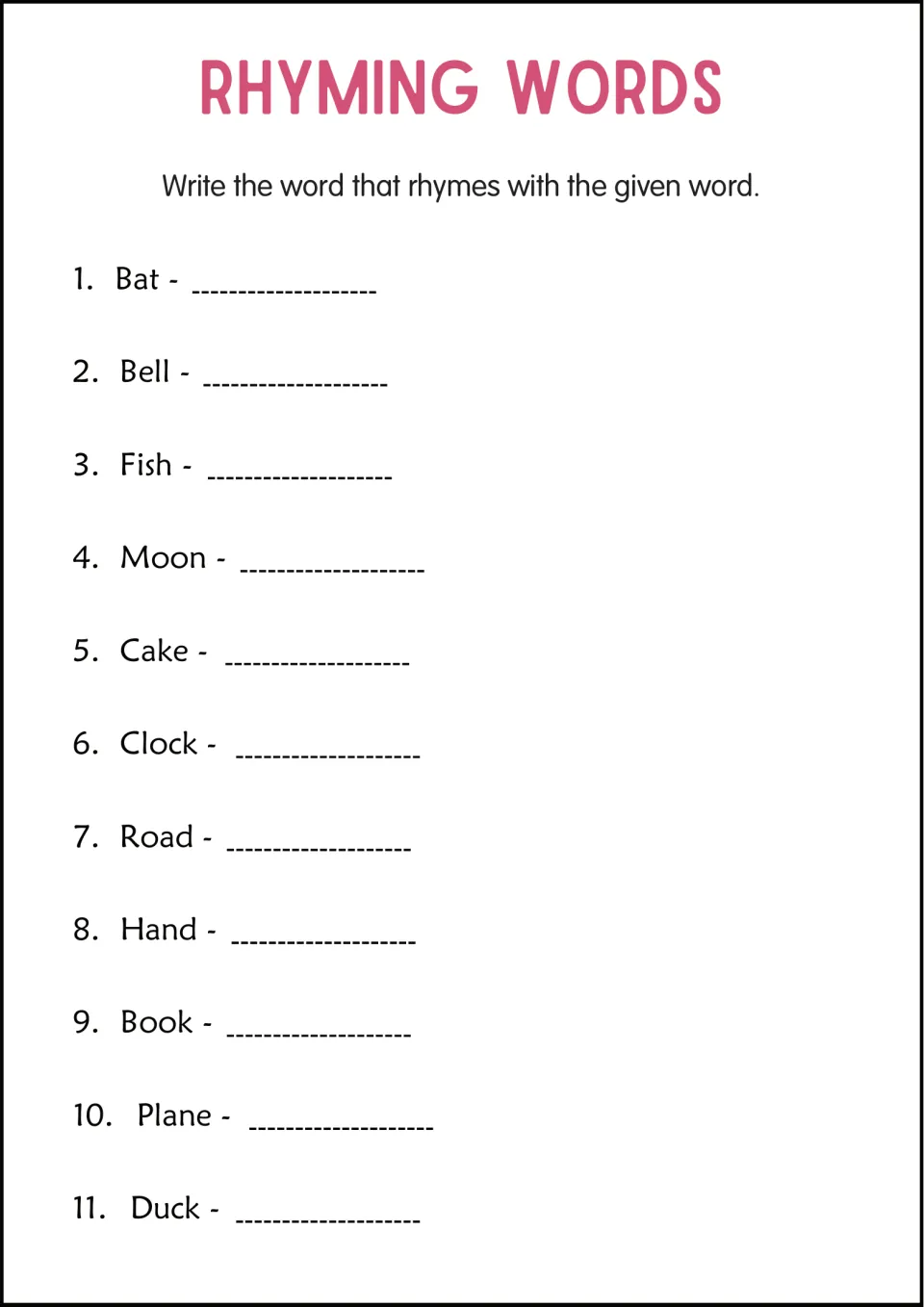 Rhyming words recall: students write a word that rhymes with each of 11 prompts, from bat, bell and fish to plane and duck