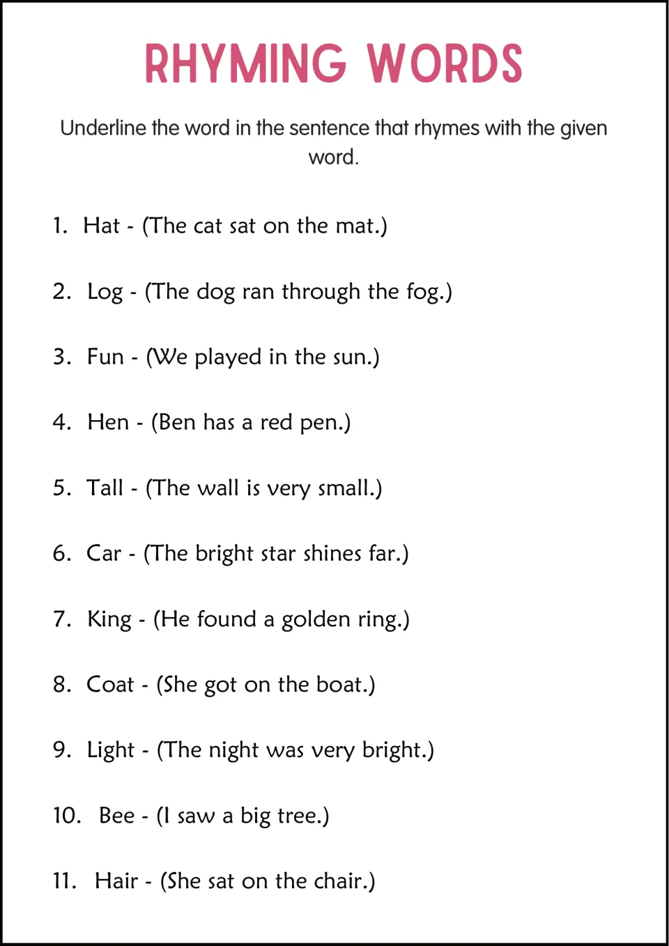 Rhymes in sentences: students underline the word that rhymes with the given word, such as cat for hat in 11 sentences