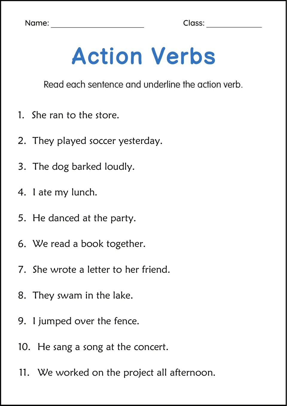 Action verbs: students read 11 sentences, such as She ran to the store, and underline the action verb in each one
